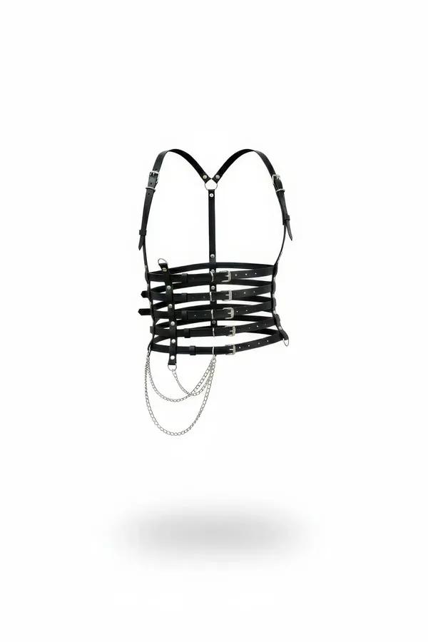 Black faux leather body harness with five horizontal waist straps, silver buckles, shoulder frame, and draped silver chains o