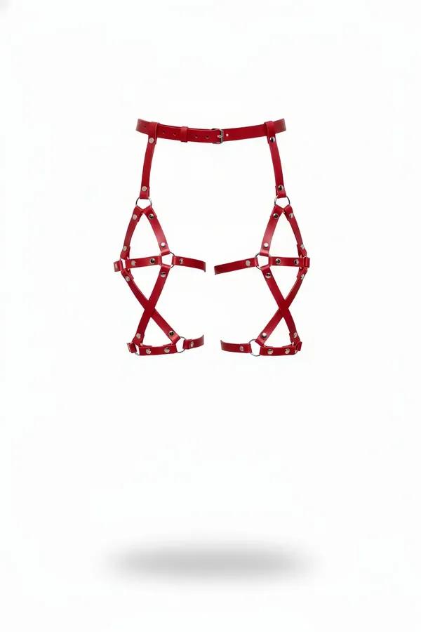 Red faux leather thigh harness with X-cross caged straps and adjustable silver pin-buckle waist belt, front view on white bac