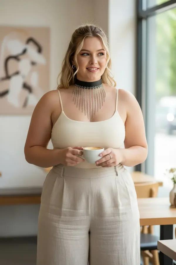 Black faux leather choker harness with draped silver chain fringe and metal eyelet rings worn over a cream tank top