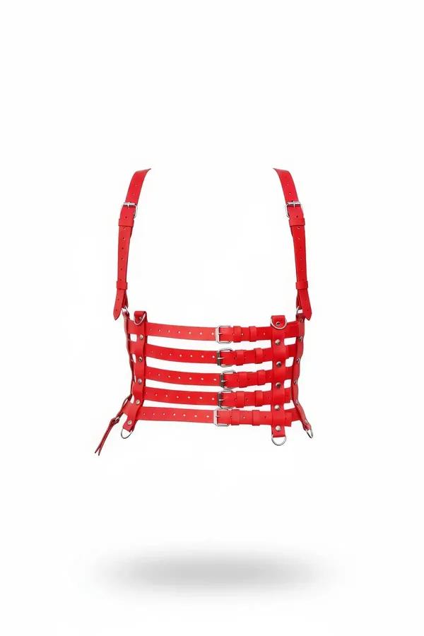 Red vegan leather multi-strap cage harness with four horizontal straps and silver rectangular buckles on white background