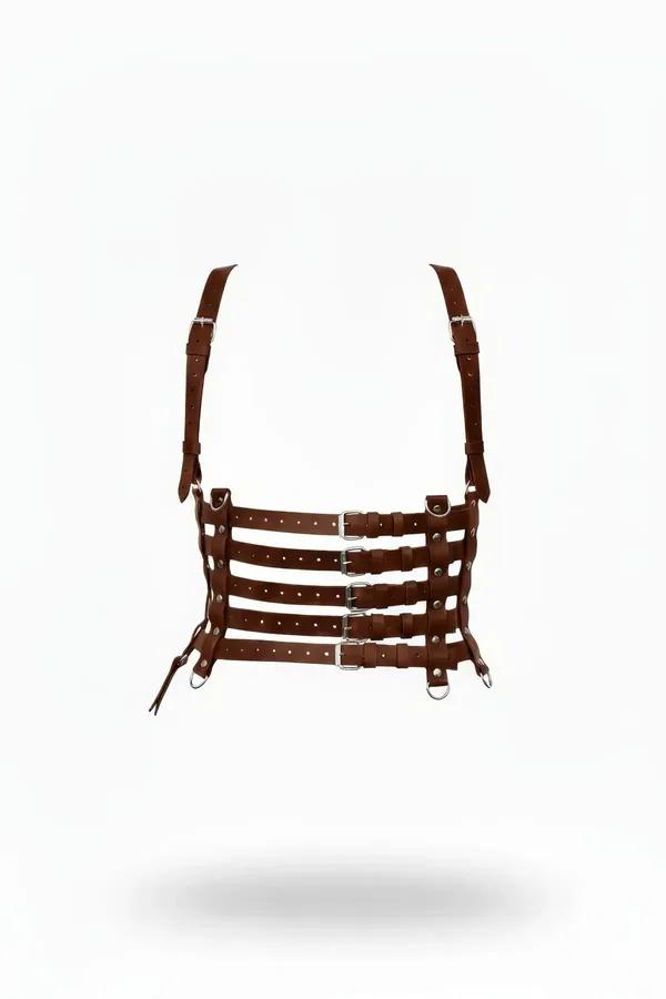 Brown faux leather underbust caged harness with four horizontal buckle straps and silver-tone hardware, front view