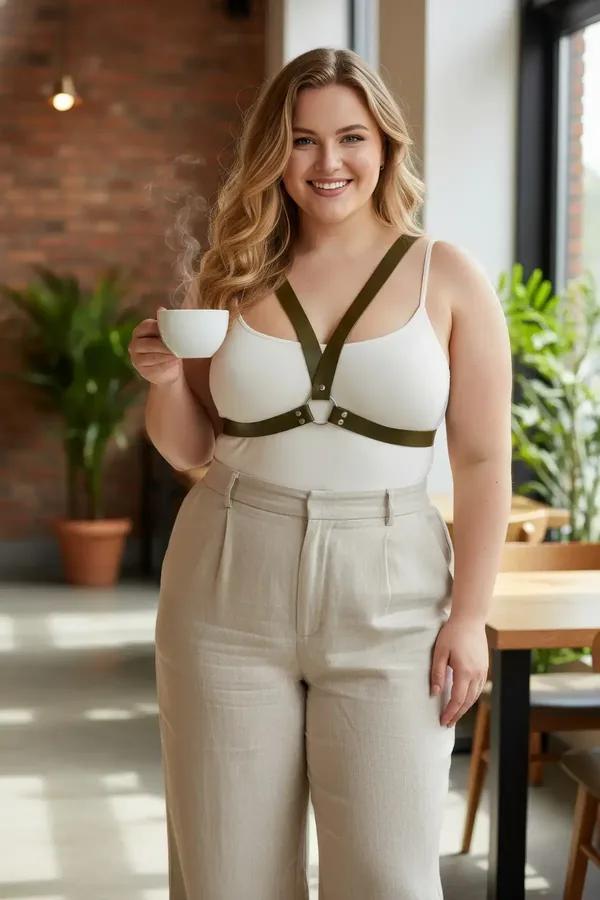 Olive green faux leather O-ring chest harness with gold-tone snap hardware worn over white tank top