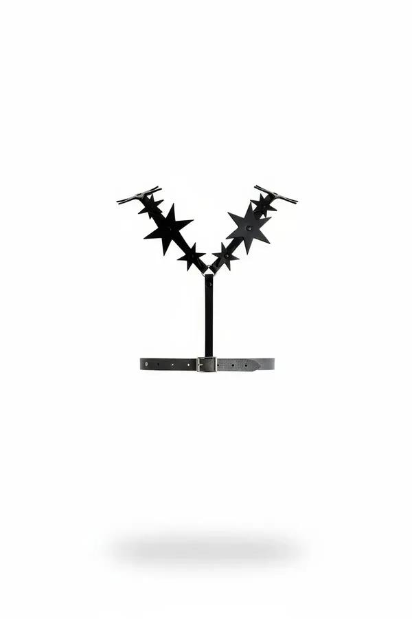 Black faux leather star chest harness V-shape with 8-point star appliques and silver-buckle adjustable underbust belt