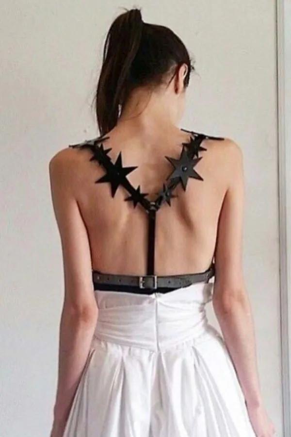 black faux leather star detail waist and back harness belt back view shoulder appliques