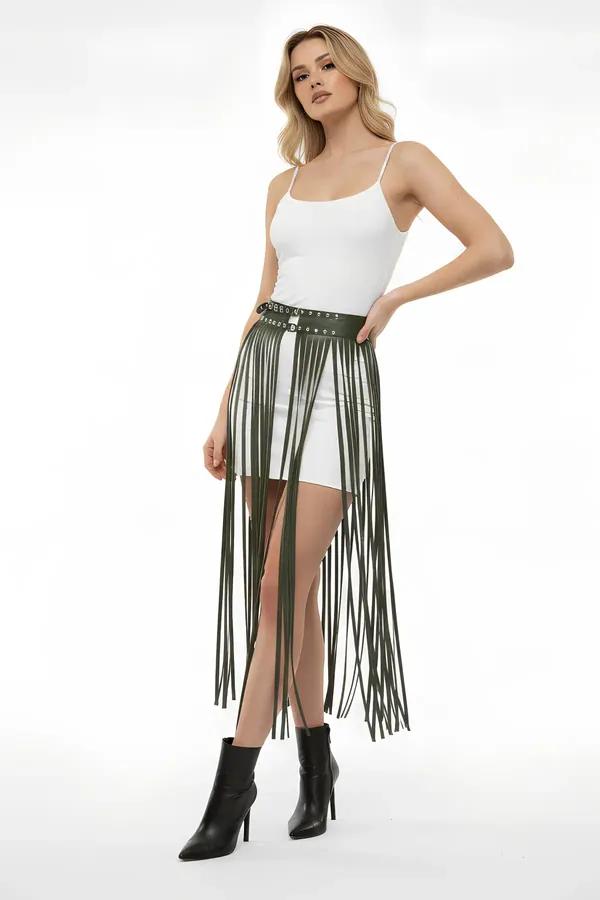 Olive faux leather fringe belt skirt with silver stud waistband and long vertical fringe strips over white shorts