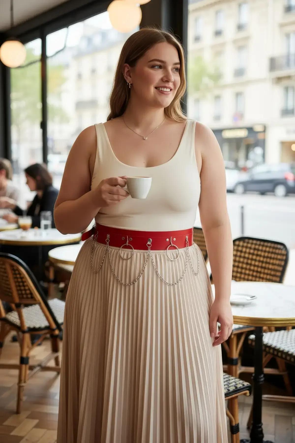 Red faux leather wide waist harness with silver O-rings and draped chain details worn over cream top and pleated skirt