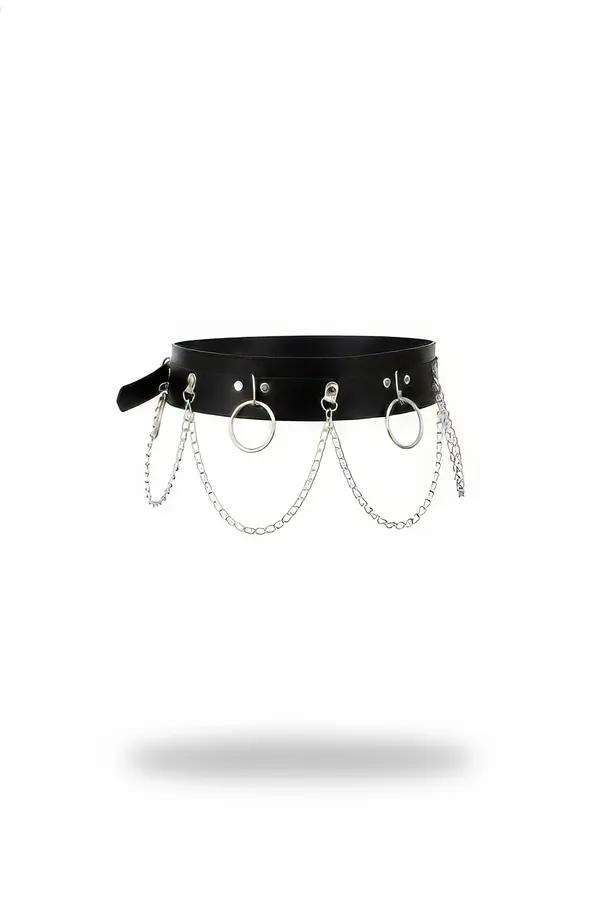 Black wide faux leather waist harness belt with three silver O-rings and draped chain links, smooth matte finish