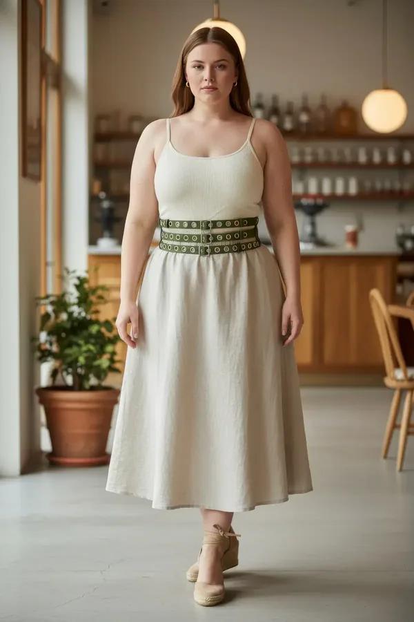 Khaki faux leather waist harness belt with three silver grommet rows worn over cream midi dress at natural waist