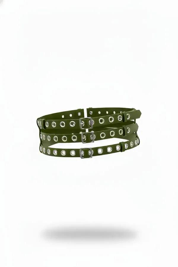 olive green faux leather triple strap waist harness belt with silver open eyelets and three rectangular buckles