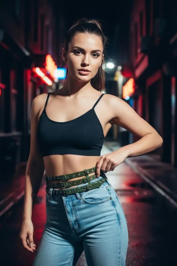 Olive green triple-strap waist harness with silver studded grommets worn over high-waist jeans