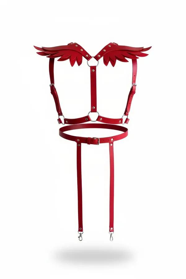 Red faux leather winged body harness with layered feather-cut shoulder wings, silver O-ring, adjustable waist band, and detac