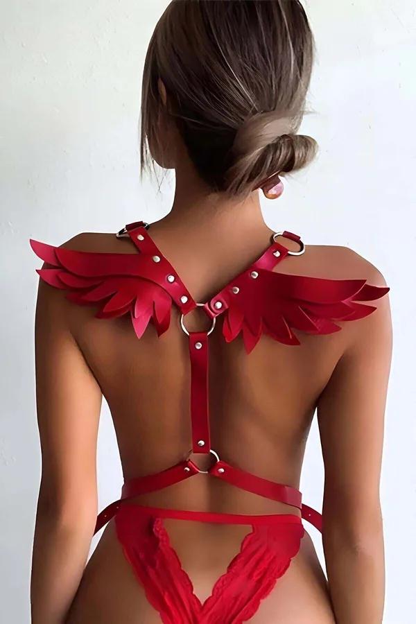 red vegan leather chest harness wing motif on shoulder silver O-ring back view