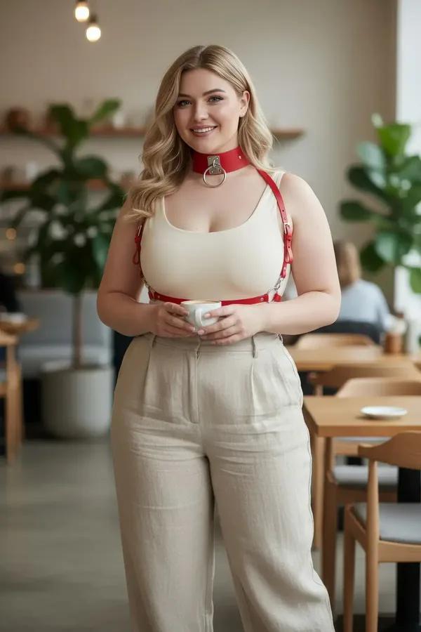 Red faux leather harness bra with silver O-ring choker and waist belt worn over cream tank top