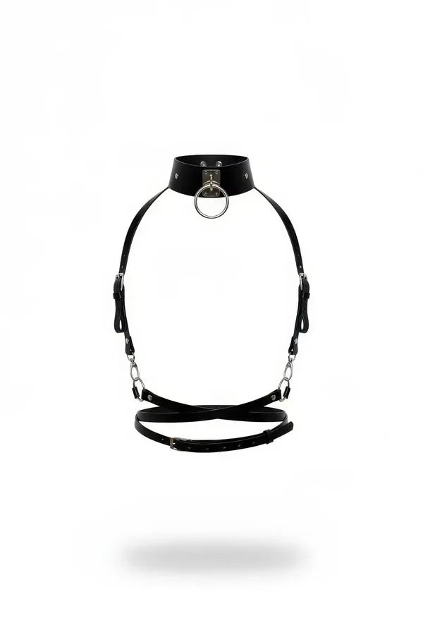 Black faux leather choker harness with silver O-ring, link chains, and crossed waist straps on white background