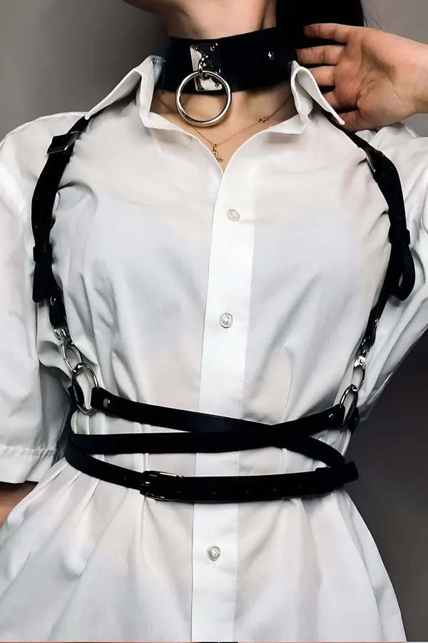 black faux leather choker belt set silver O-ring metal detail worn over white shirt