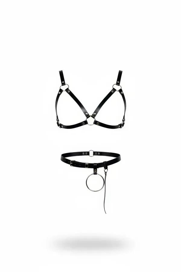 Black faux leather caged harness bra and O-ring waist belt two-piece set with silver hardware