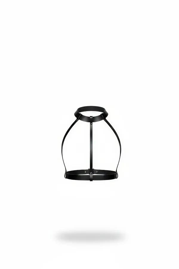 Black faux leather high neck caged chest harness with circular collar ring and matte black rivets on white background