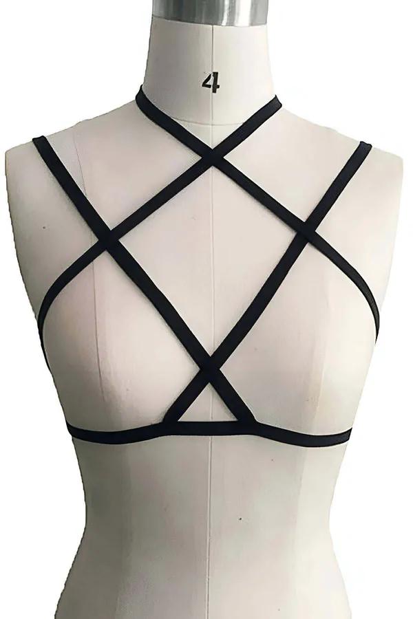 Siyah elastik çapraz şeritli göğüs harness bralet, boyundan alt banda X desen, mankende