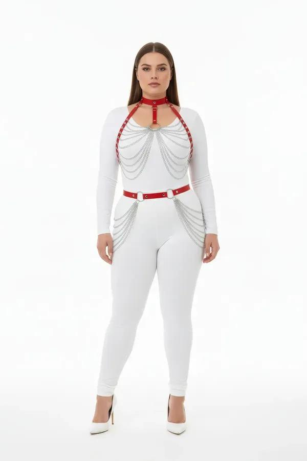 Red faux leather chest and waist harness set with cascading silver-tone chains, worn over white bodysuit