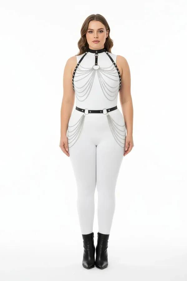 Büyük beden siyah vegan deri harness takım gümüş kademeli zincir drape, boyun yakası göğüs ve bel kemeri üç parça set