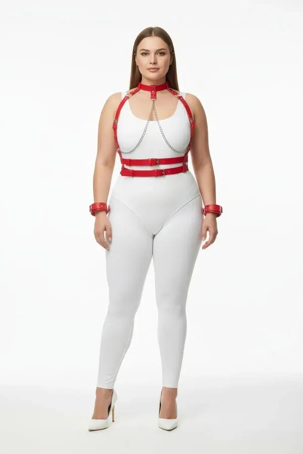 Kırmızı vegan deri harness takım gümüş zincir detaylı choker göğüs bel bandı ve bileklik set büyük beden