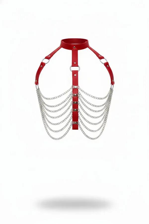 Red vegan leather choker harness with 8 layered draped silver chains and O-ring shoulder straps on white background