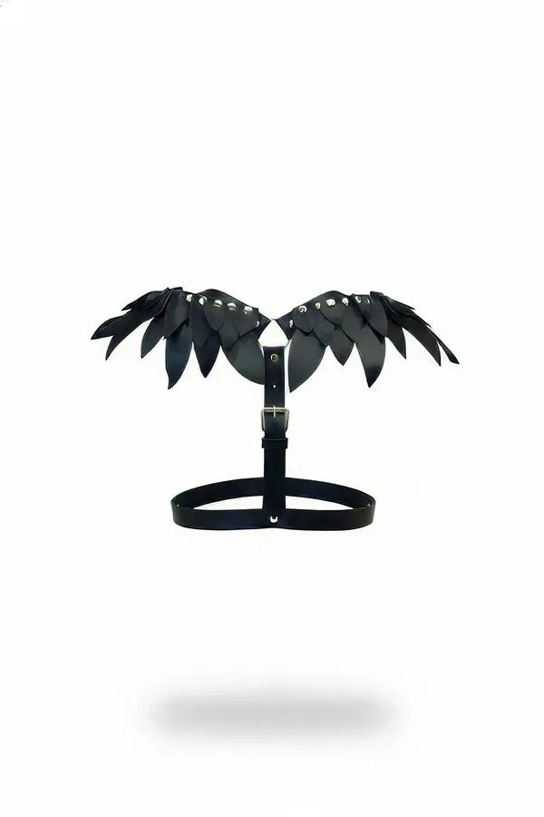 Black faux leather winged chest harness with layered petal shoulder panels and silver dome studs