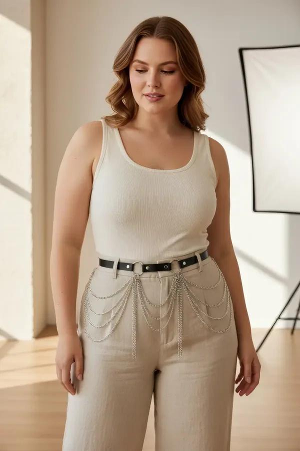 Black faux leather waist harness with layered draped silver curb-link chains worn over linen trousers and ribbed tank top