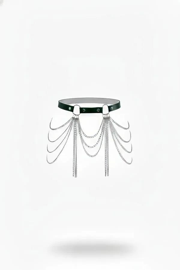Black faux leather waist harness with layered draped silver chains hanging from two front connector loops