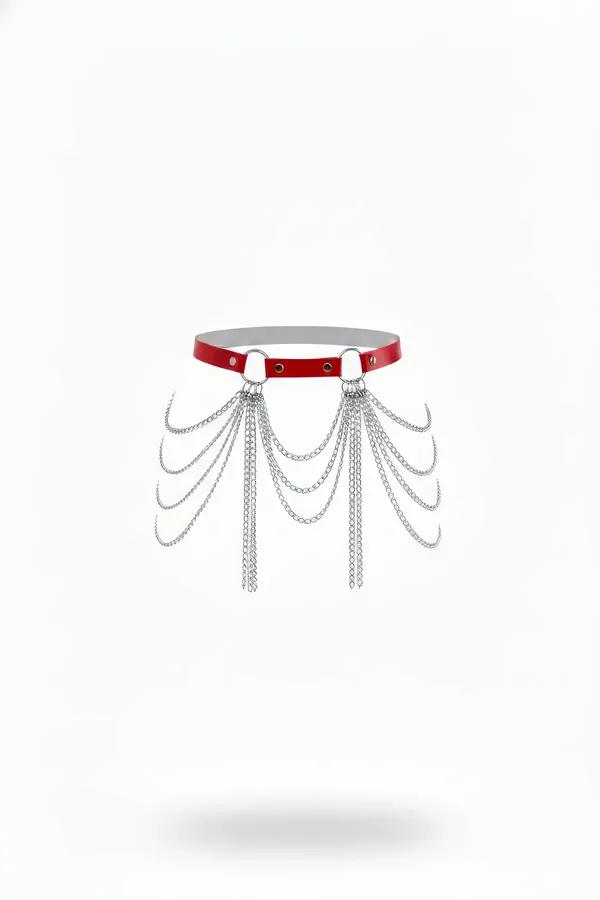 Red vegan leather choker with dual silver O-rings and layered draped silver chains cascading from front band