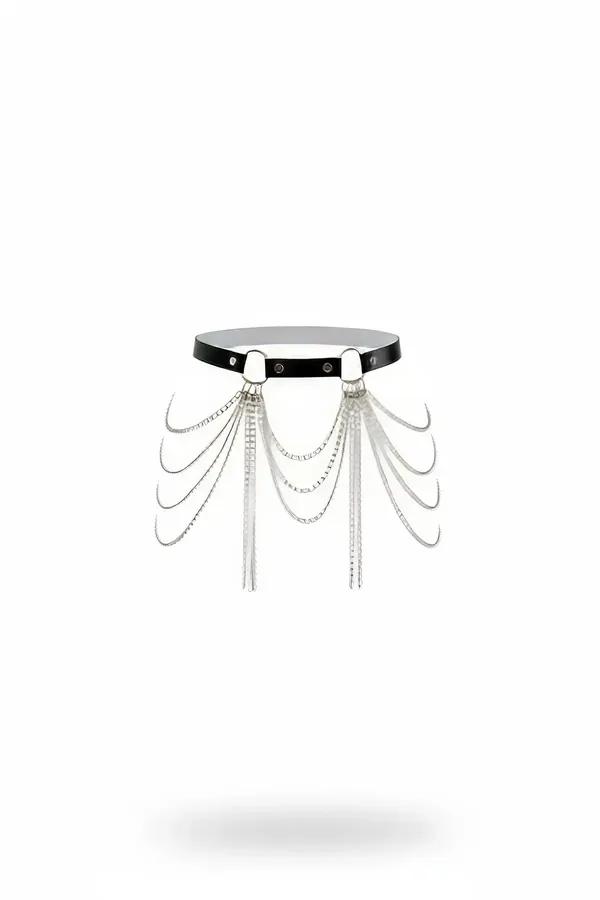 black faux leather waist harness with layered cascading silver chain fringe front view