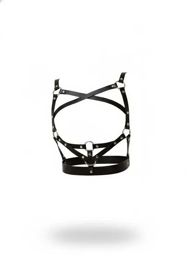 Black faux leather caged body harness with X-cross chest straps and multiple silver O-rings on white background