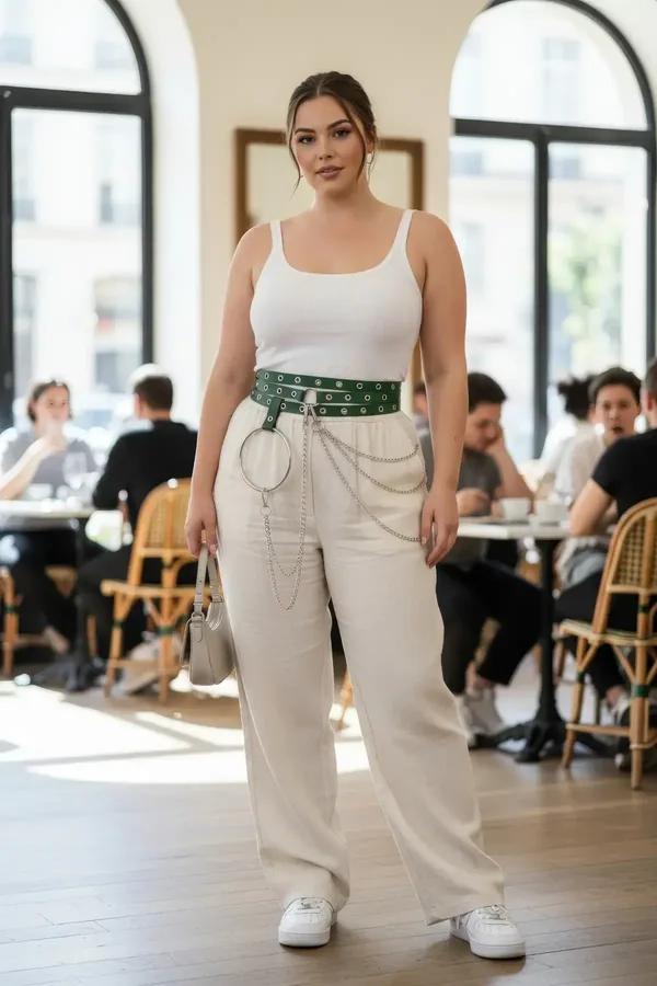 Wide dark green vegan leather grommet belt with silver O-ring and draping chain detail worn over white wide-leg trousers