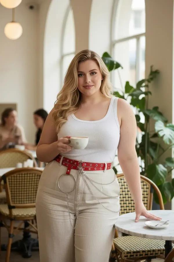 red faux leather grommet belt with silver O-ring and draping chains worn at waist over cream trousers
