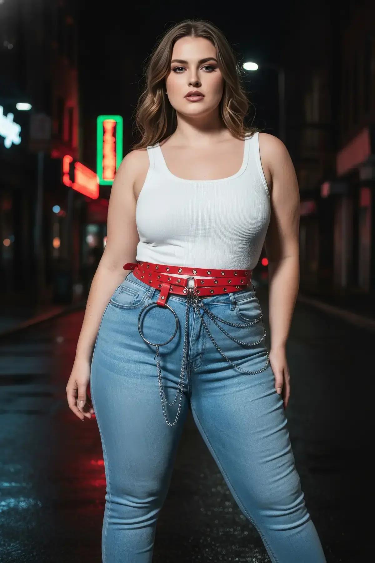 red fashion belt with chain drape styled over high-waisted trousers and white tank top streetwear outfit