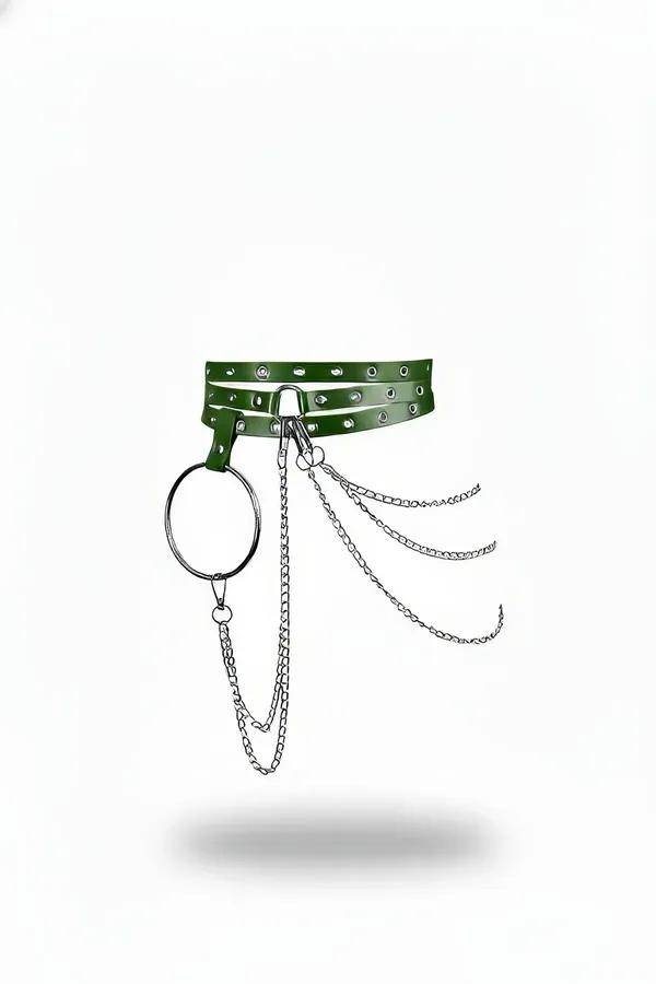 Green faux leather triple strap waist harness with large silver O-ring and cascading chains, olive green PU straps with metal