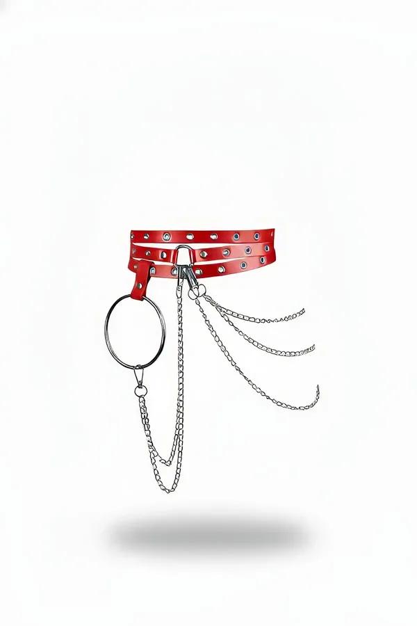 Red faux leather triple strap waist harness with silver eyelet grommets, oversized O-ring, and cascading silver chains
