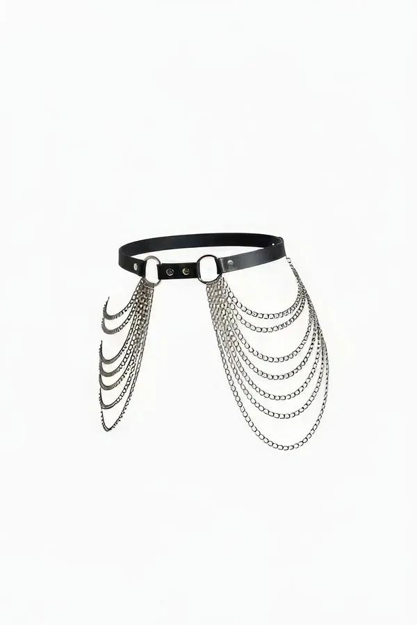 black faux leather waist belt harness with eight layered silver curb-link chain swags hanging from central O-ring mount