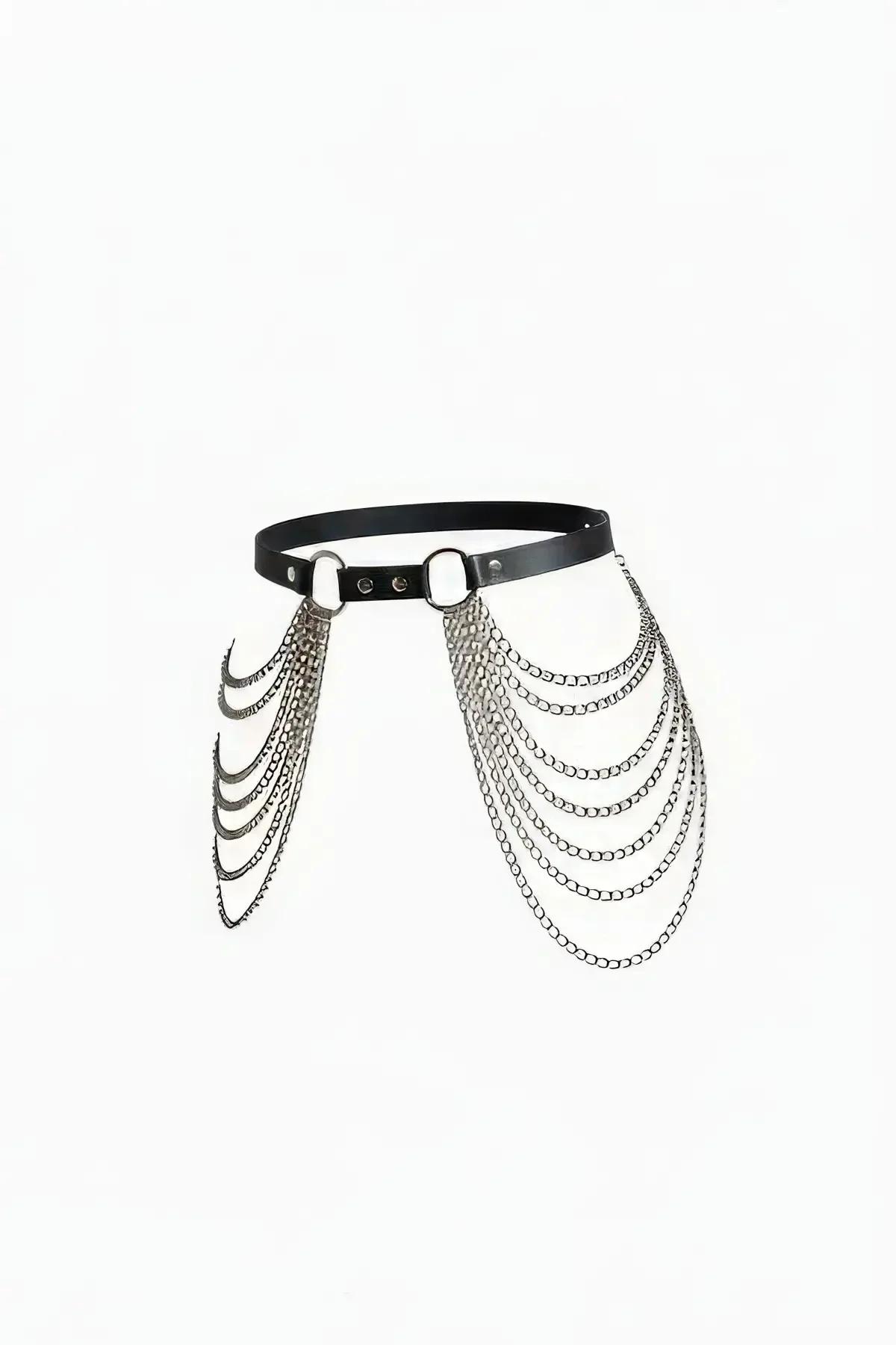 black faux leather waist belt harness with eight layered silver curb-link chain swags hanging from central O-ring mount