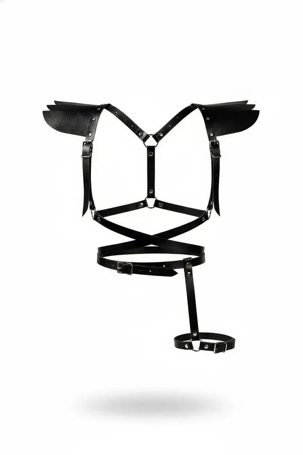 Black faux leather body harness with layered wing shoulder pads, cross-body strap cage, and single thigh garter ring, silver-