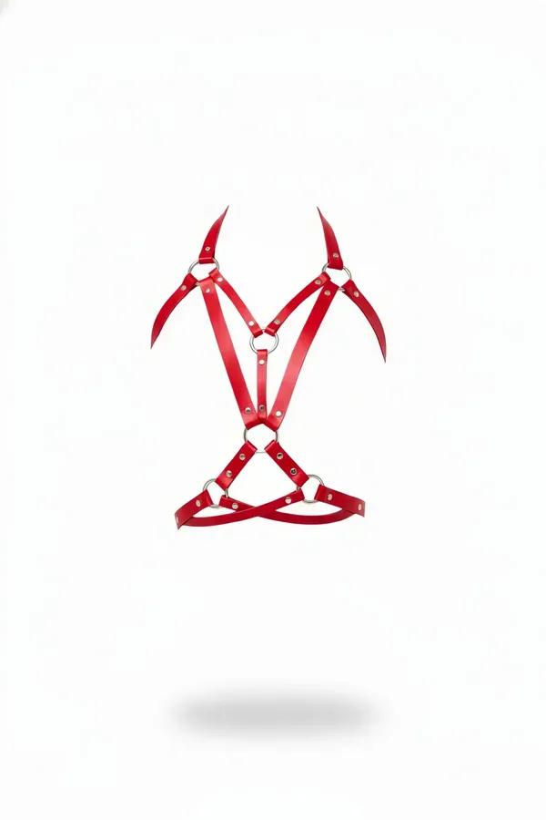 Red faux leather chest harness with geometric multi-strap frame and five silver O-rings, front view