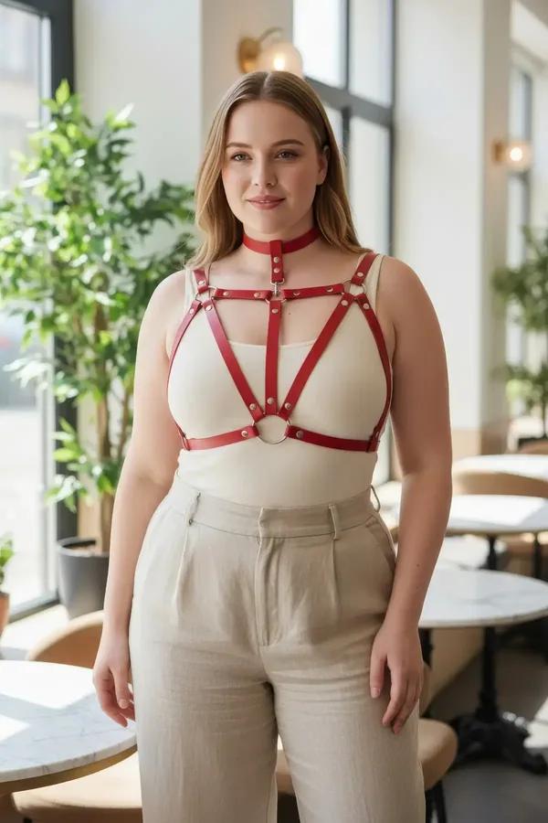 red vegan leather chest harness with integrated choker and silver O-rings worn over cream sleeveless top