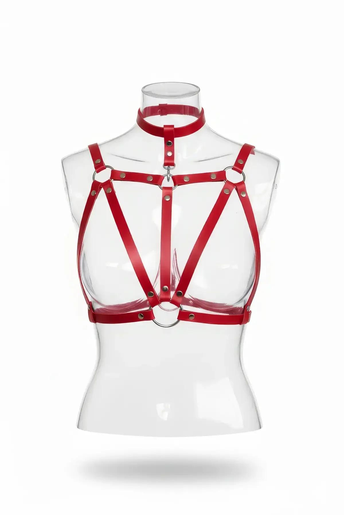 red faux leather chest cage harness with integrated choker dual silver O-rings and X-cross diagonal straps on mannequin