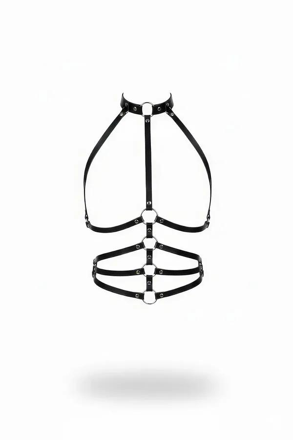 siyah suni deri o-ring harness göğüs bandı ve üçlü bel kafesi gümüş metal detay