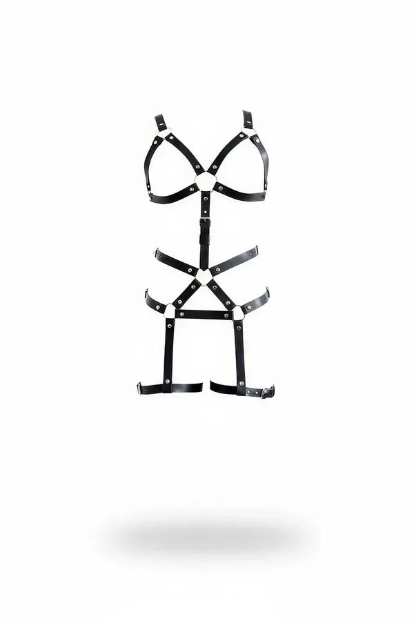 siyah suni deri tam vücut jartiyer harness gümüş metal toka ve uyluk bantlı ön görünüm