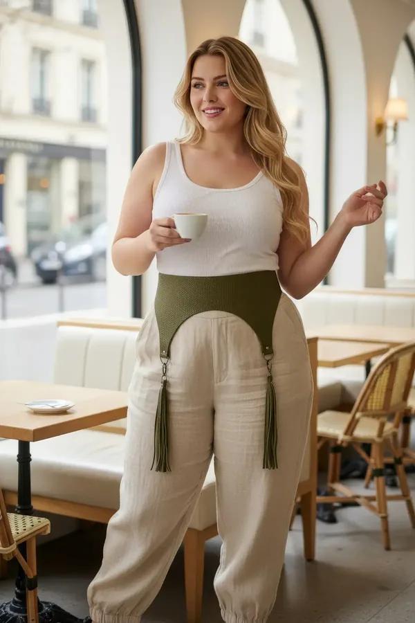 Olive high-waisted underbust harness with knit tassel garters worn over linen trousers and white tank top