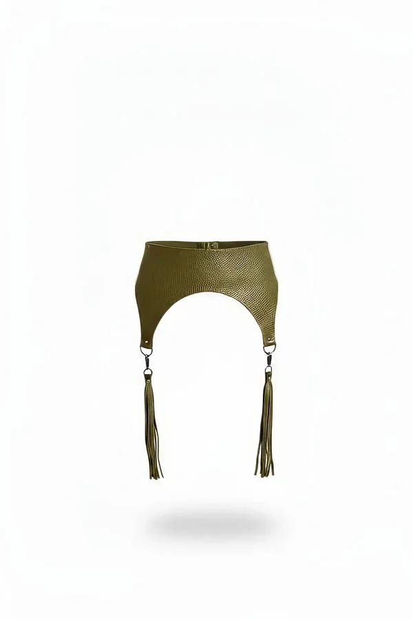 Olive green croc-embossed vegan leather waist harness with two dangling tassels and gold-tone front clasp