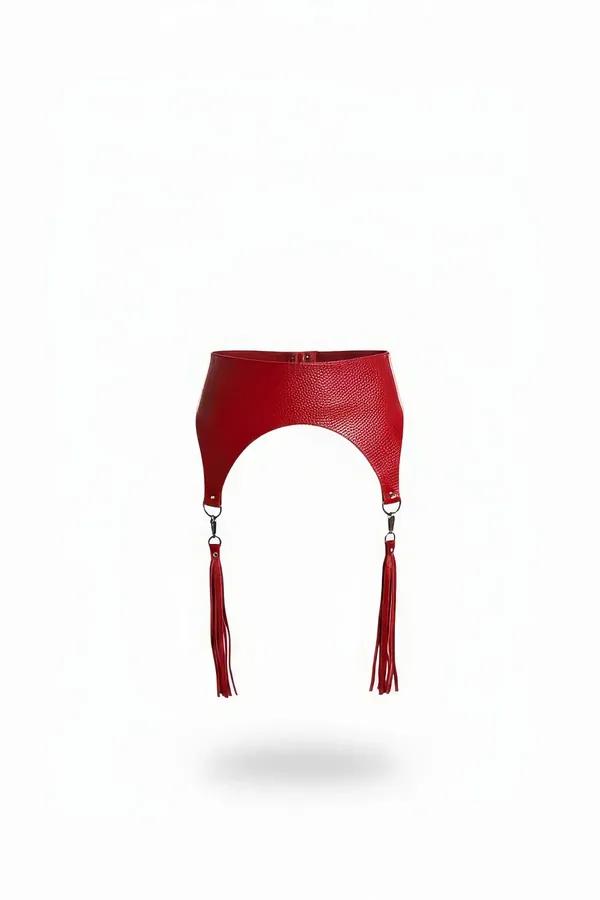 Red pebbled faux leather waist cincher with two detachable gunmetal O-ring tassels, arch cutout design, front view