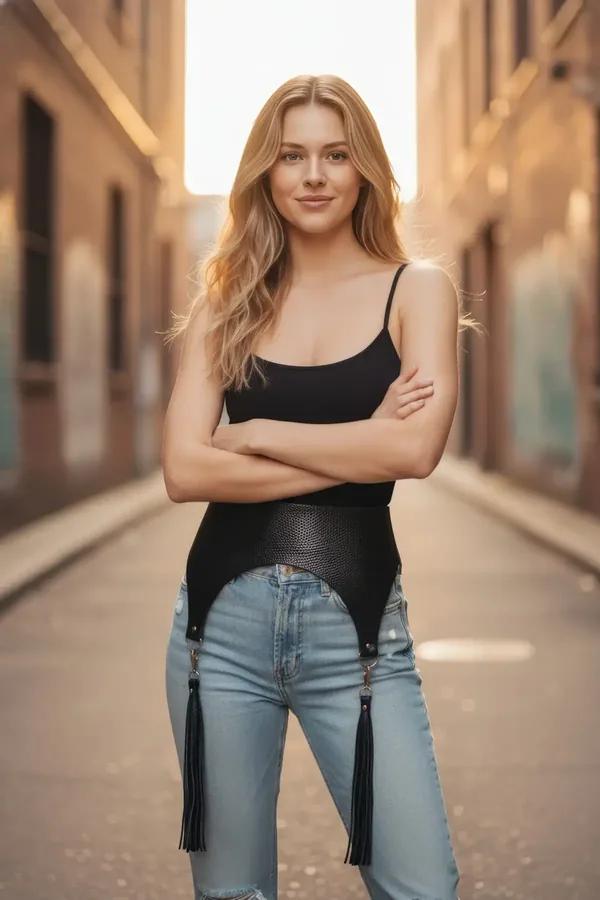 Black perforated faux leather wide waist harness with detachable black tassel garters on silver D-rings worn over jeans
