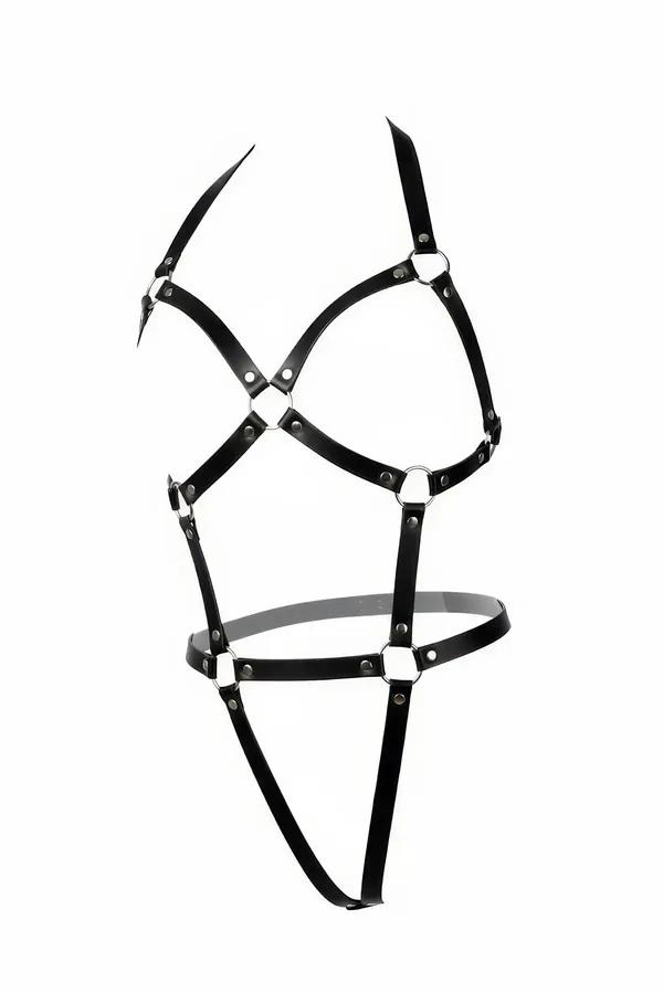 siyah suni deri vücut harness çapraz bantlı gümüş metal O-halkalı tam vücut çerçeve tasarımı